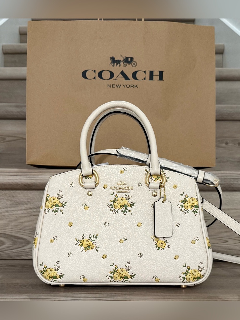 NWT COACH Savannah Small Carryall Bag w/ Floral Print Gold/Chalk CAL42 - Picture 2 of 10